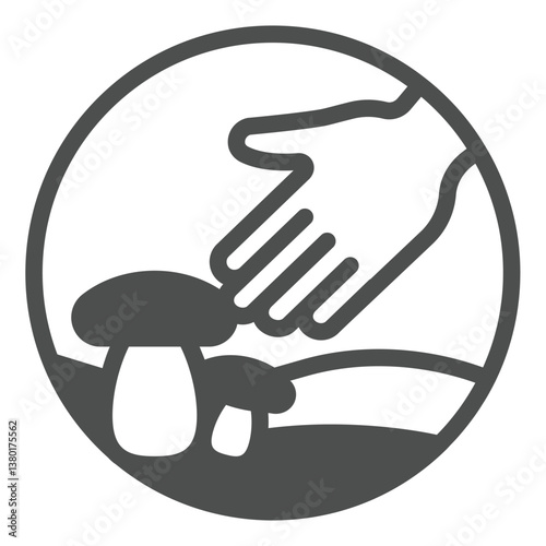 Hand and mushrooms solid icon, eco tourism concept. Vector graphics. Mushroom hunting with human hand sign on white background, glyph style icon for mobile or web design.
