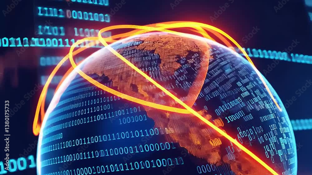 Digital globe with binary code, glowing data streams, and global connectivity concept in a tech network environment

