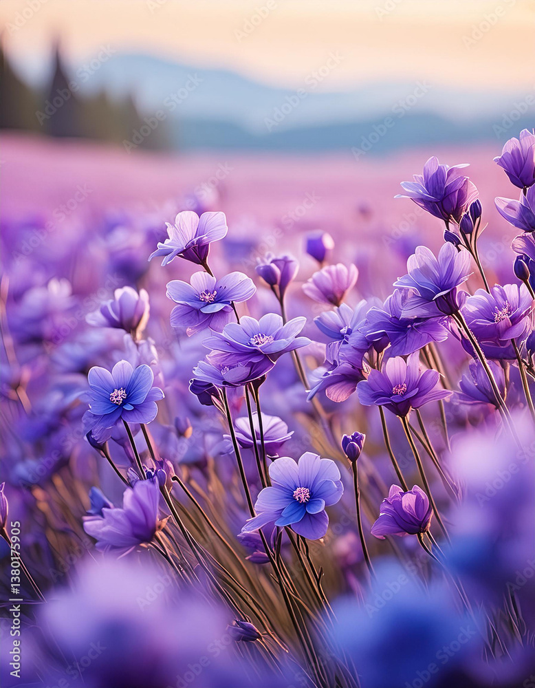 Purple wildflowers in sunlit field, blurred background. Spring nature landscape. Blooming flowers