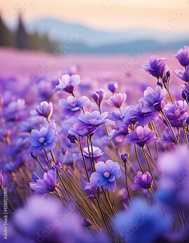 Obraz na płótnie Purple wildflowers in sunlit field, blurred background. Spring nature landscape. Blooming flowers w salonie