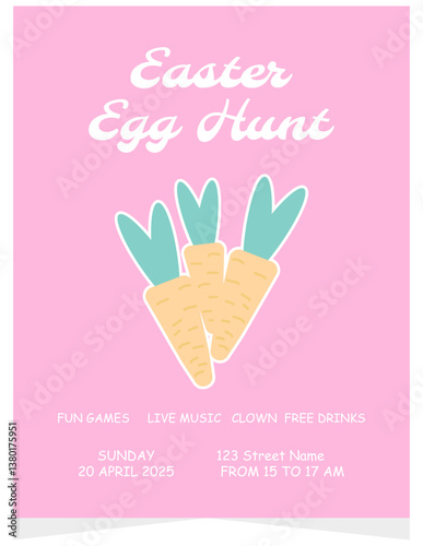 Postcard, Happy Easter, invitation, hide and seek, Easter, carrot, treat, food, colored eggs, inscription, Religious holiday. Vector illustration