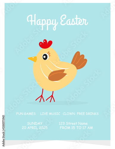 Postcard, Happy Easter, invitation, hide and seek, Easter, Easter cake, chicken, chick, rooster, colored eggs, inscription, Religious holiday. Vector illustration