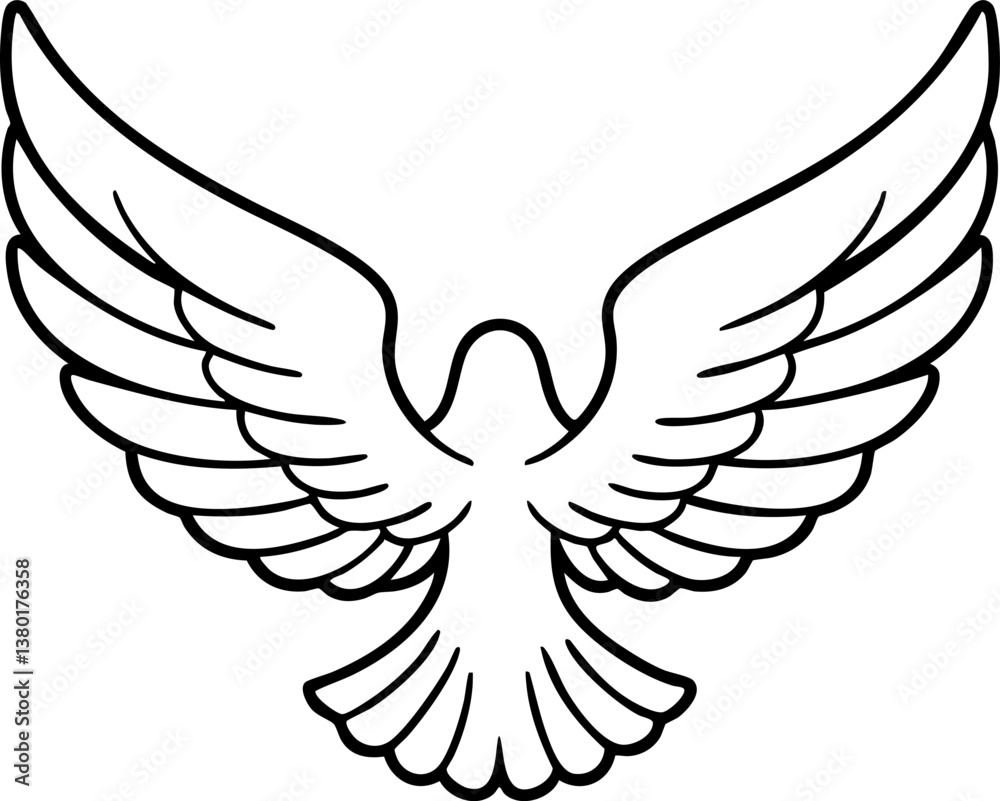 Obraz premium A simple, stylized illustration of a bird in flight, showcasing detailed wings spread wide against a plain background.