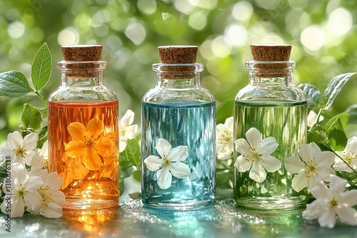 Close-up of three glass bottles with flowers on a natural background