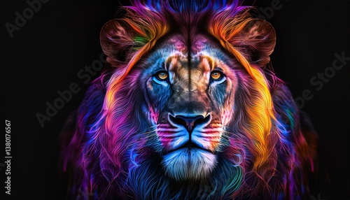 colorful lion portrait with neon abstract strokes on black background digital art featuring vibrant colors and expressive details generative ai