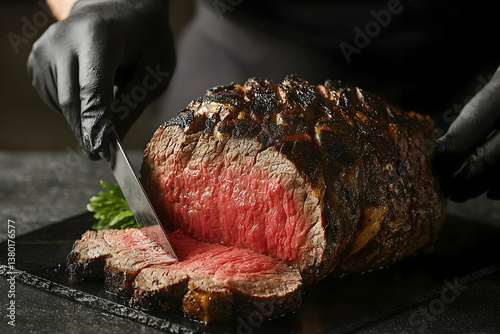 Chef carving prime rib roast, dark background, restaurant setting, food photography