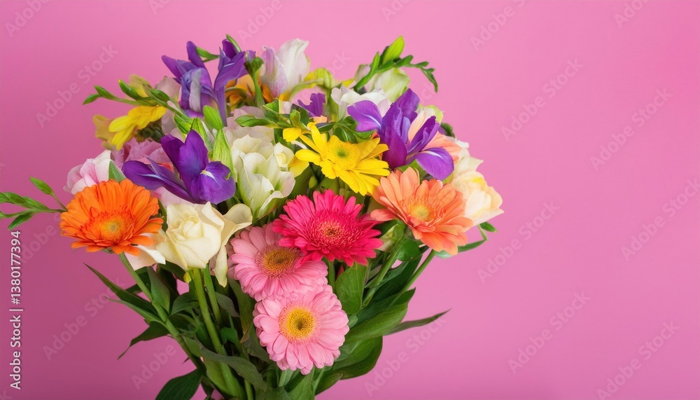 bouquet of flowers on a pink background. Bouquet of multicolored flowers bouquet of flowers on a pink background. Bouquet of multicolored flowers