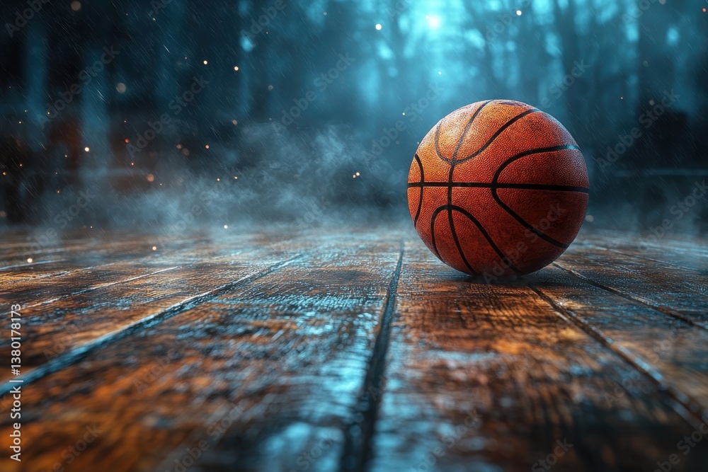 A basketball resting on wooden floor surrounded by mist in a dimly lit indoor court A basketball resting on wooden floor surrounded by mist in a dimly lit indoor court