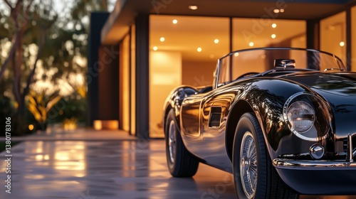 Sleek Black Vintage Car at Luxurious Residence