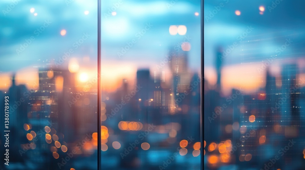 Fototapeta premium Blurry city skyline view through office windows at sunset.