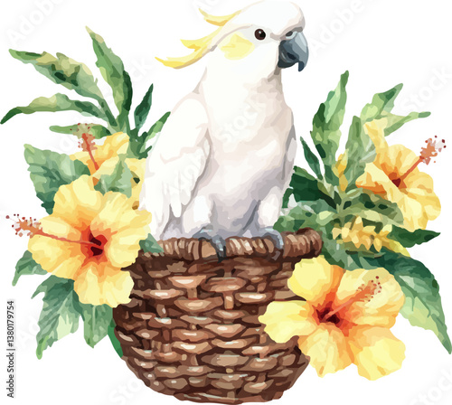 Watercolor painting of a white cockatoo sitting on the edge of an old brown woven basket surrounded by tropical leaves and yellow hibiscus flowers on the background