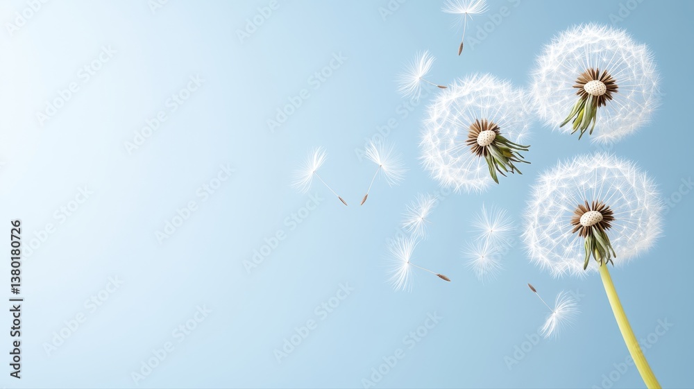 Obraz premium Dandelions releasing seeds against a clear blue sky, symbolizing growth and change.