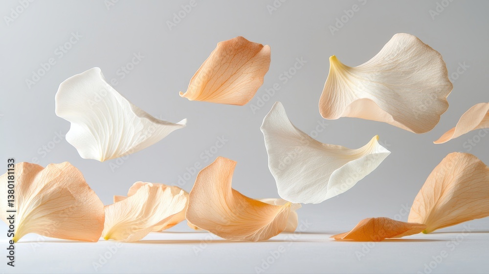 Delicate rose petals gracefully floating against a soft gray background, creating a serene and ethereal scene. Delicate rose petals gracefully floating against a soft gray background, creating a serene and ethereal scene.