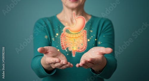 Digestive Health: Woman Presenting Glowing Internal Organs.