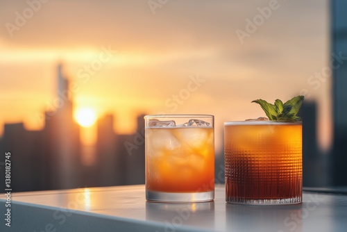 Stunning sunset view with cocktails overlooking a city skyline, creating a perfect evening atmosphere