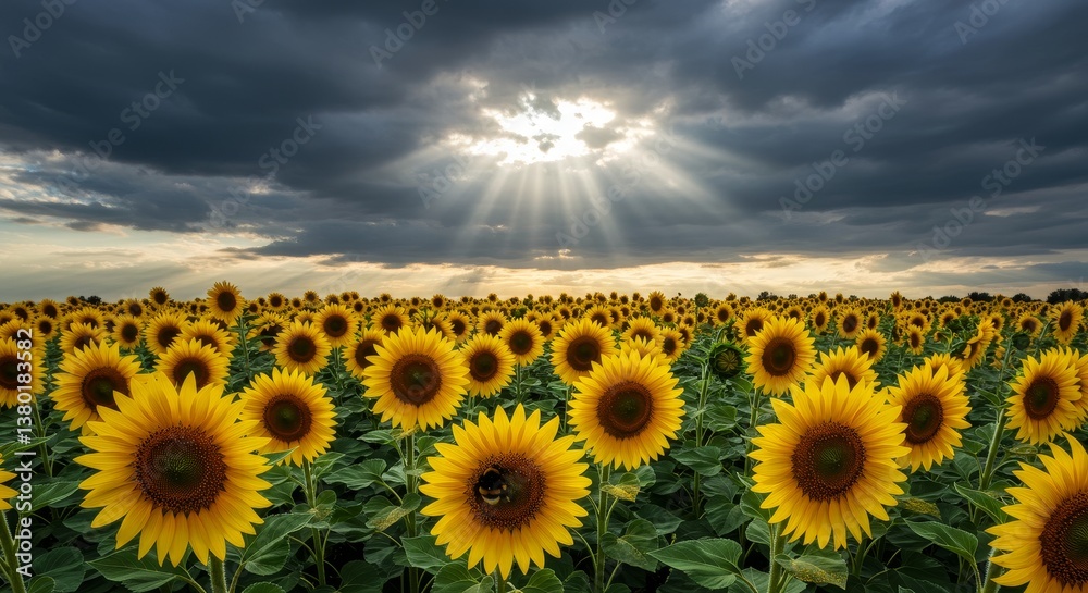 Obraz premium Sunbeams and Bumblebees: Golden Sunflower Field - A vibrant sunflower field basks in the dramatic light of a breaking storm. Bumblebees pollinate the golden blooms, symbolizing nature's resilience