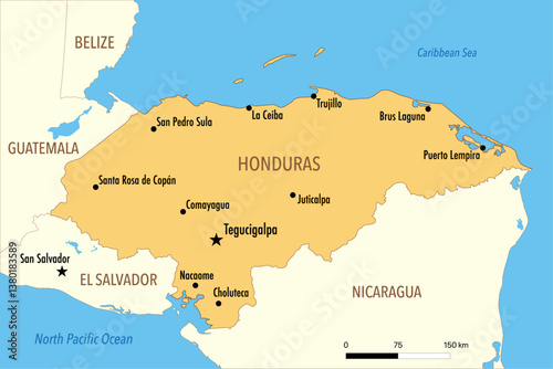 Vector Map of Honduras with Major Cities and Neighboring Countries – Editable Digital Illustration