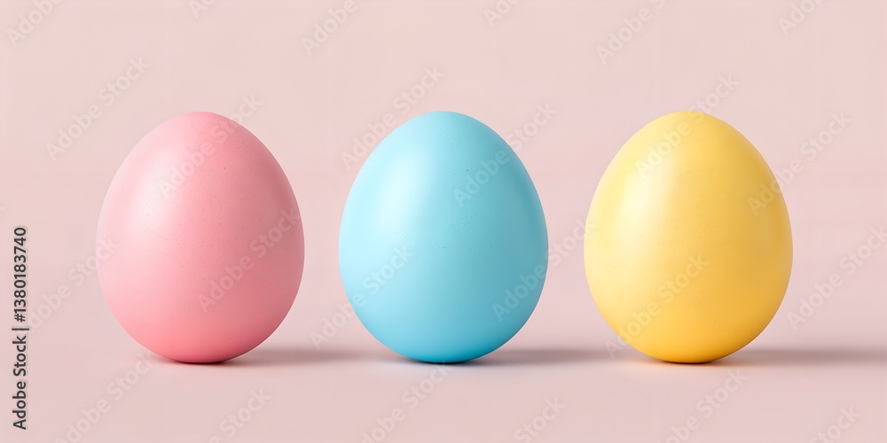 Fototapeta premium pastel pink, blue, and yellow easter eggs on light pink background, ideal for festive decor, springtime greeting cards, or seasonal promotions 