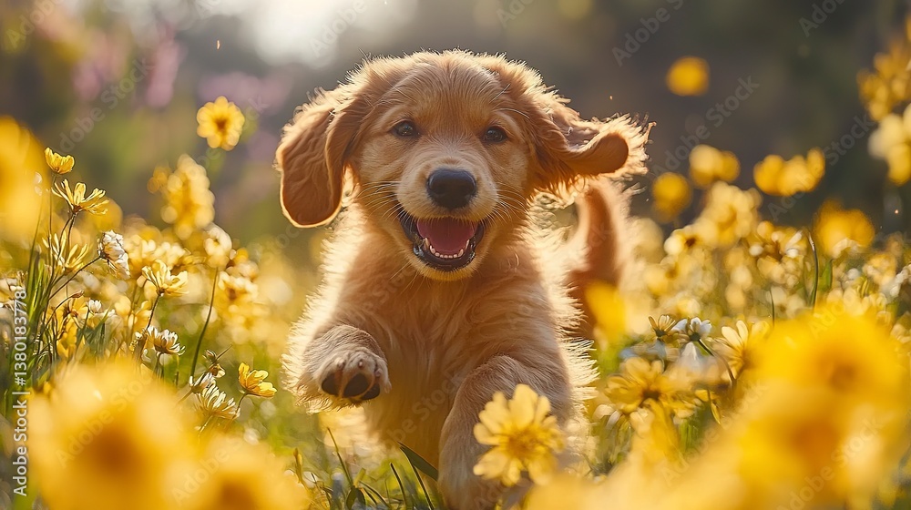A happy golden retriever puppy joyfully running through a wildflower meadow A happy golden retriever puppy joyfully running through a wildflower meadow