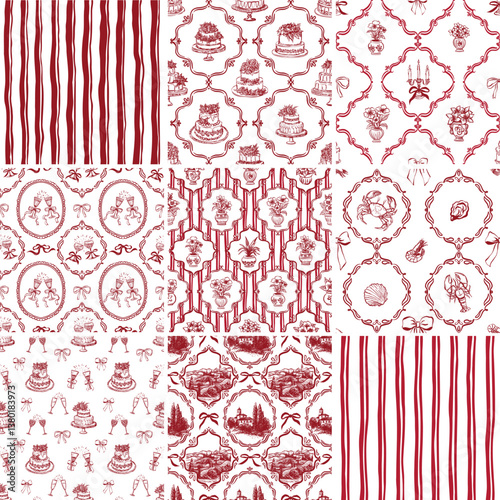 A set of 9 seamless vector patterns in Rococo style featuring Italian landscapes, ribbons, flowers, seafood, cakes, 2025 trend, cherry color, and whimsical design on a white background.