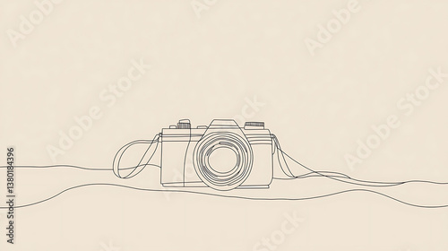 A camera is drawn in a lineart style on a white background