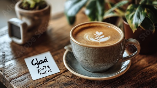  Welcome coffee with note saying “Glad you’re here!” on wooden table