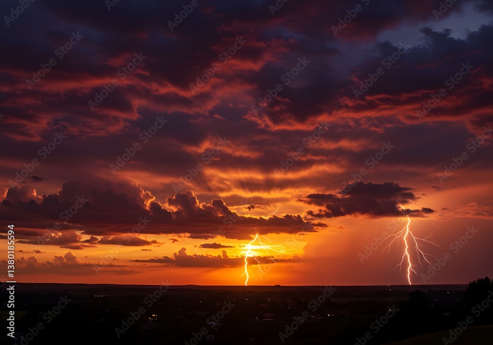 Dramatic Sunset Storm with Lightning Vivid Orange Sky, Thunderstorm Scenery, Atmospheric Nature Photography. Dramatic Sunset Storm with Lightning Vivid Orange Sky, Thunderstorm Scenery, Atmospheric Nature Photography.
