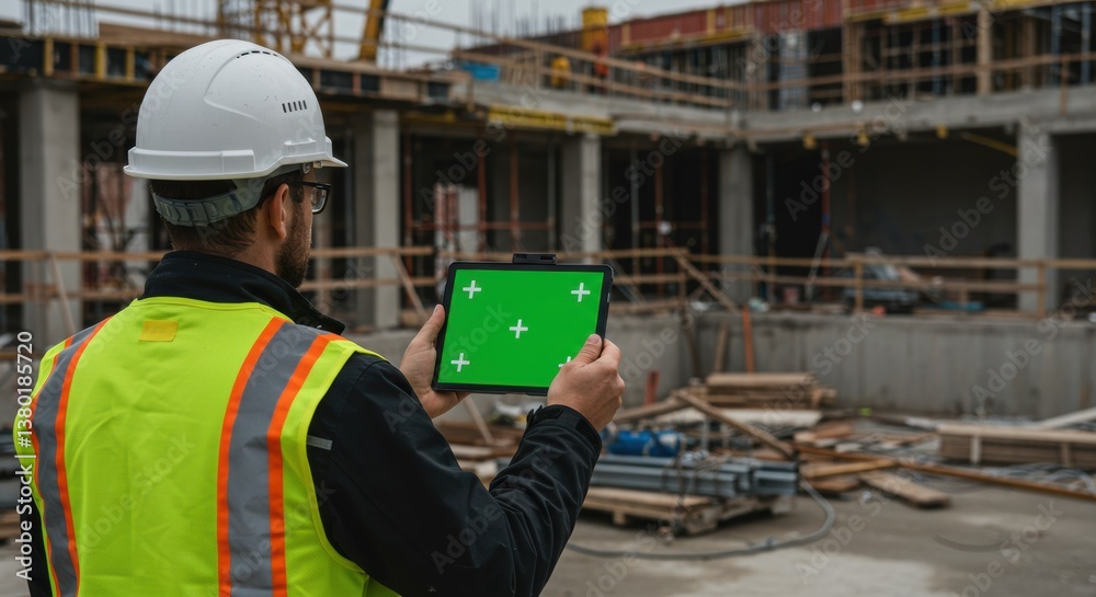 Construction worker with green screen tablet at building site. Construction worker with green screen tablet at building site.