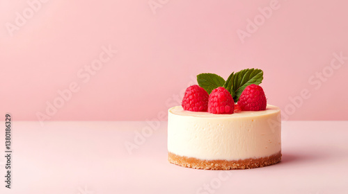 A delicious cheesecake topped with fresh raspberries and mint leaves, set against a soft pink background.
