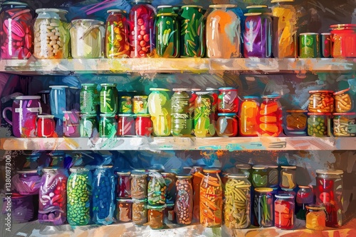 Wallpaper Mural A vibrant impressionist painting depicting a pantry stocked with colorful glass jars filled with preserved food, An impressionist painting of a pantry stocked with canned goods Torontodigital.ca