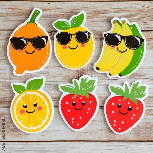 Fun fruit character stickers featuring oranges, bananas, lemons, and strawberries wearing sunglasses and smiling on a wooden surface