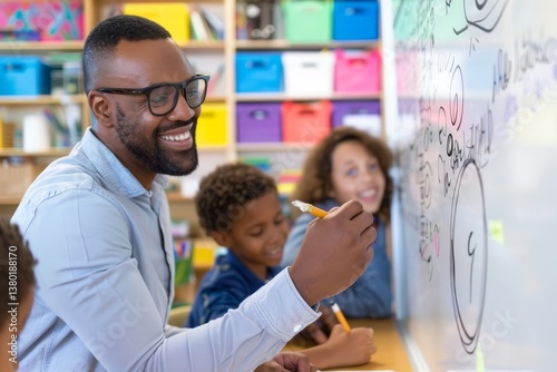 A teacher enthusiastically writes on a whiteboard during a math lesson in a classroom, A teacher writing on a whiteboard with enthusiasm