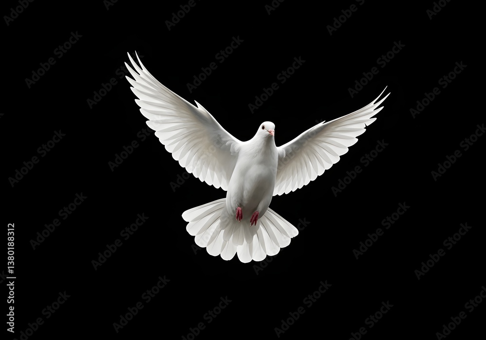 Obraz premium Majestic White Dove in Flight on Black Background Symbol of Peace, Freedom, and Hope.