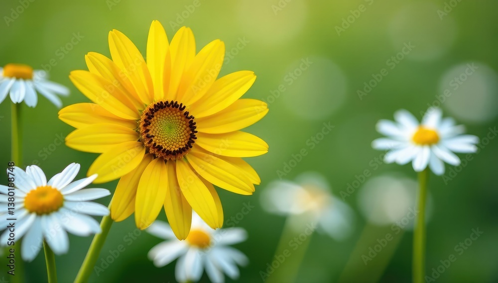 Obraz premium One bright yellow sunflower amongst white daisies, contrast, bloom, flower