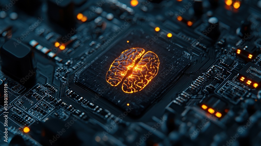 Fototapeta premium Futuristic Brain Concept on Circuit Board Representing Artificial Intelligence and Language Processing Efficiency