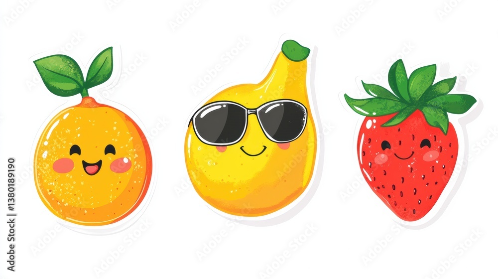 Fruit character stickers featuring smiling oranges, bananas, and strawberries with sunglasses for bright and cheerful decorations