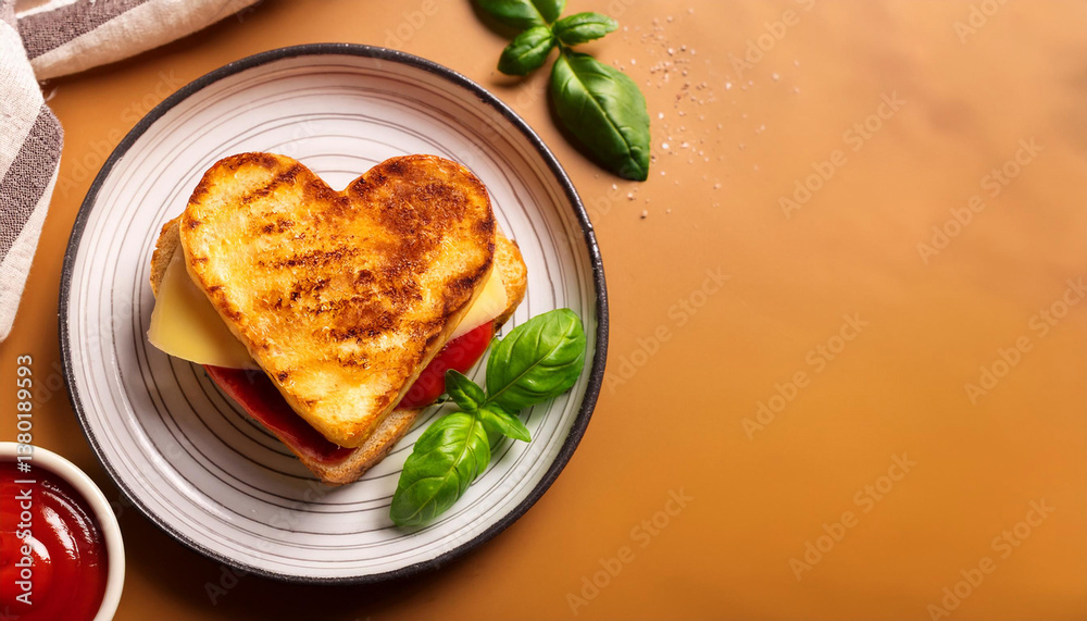 Heart-shaped grilled cheese sandwich with tomato sauce and green basil leaves. Delicious romantic appetizer or snack. Gourmet meal. Copy space. Vibrant colorful culinary. Homemade Valentine's Day dish