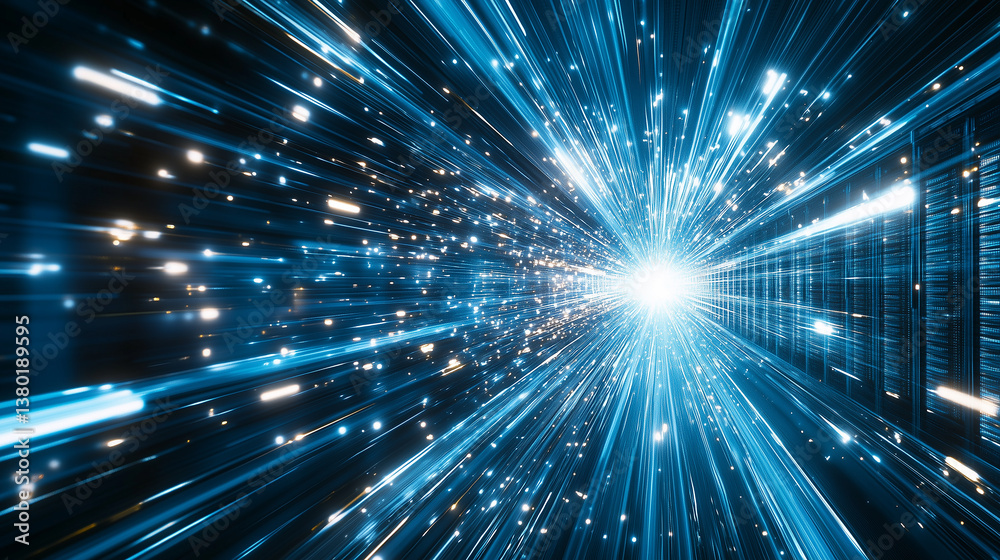 Modern data center interior with glowing server racks, illuminated by blue and white lights in a clean and high-tech environment, captured in a wide-angle view.