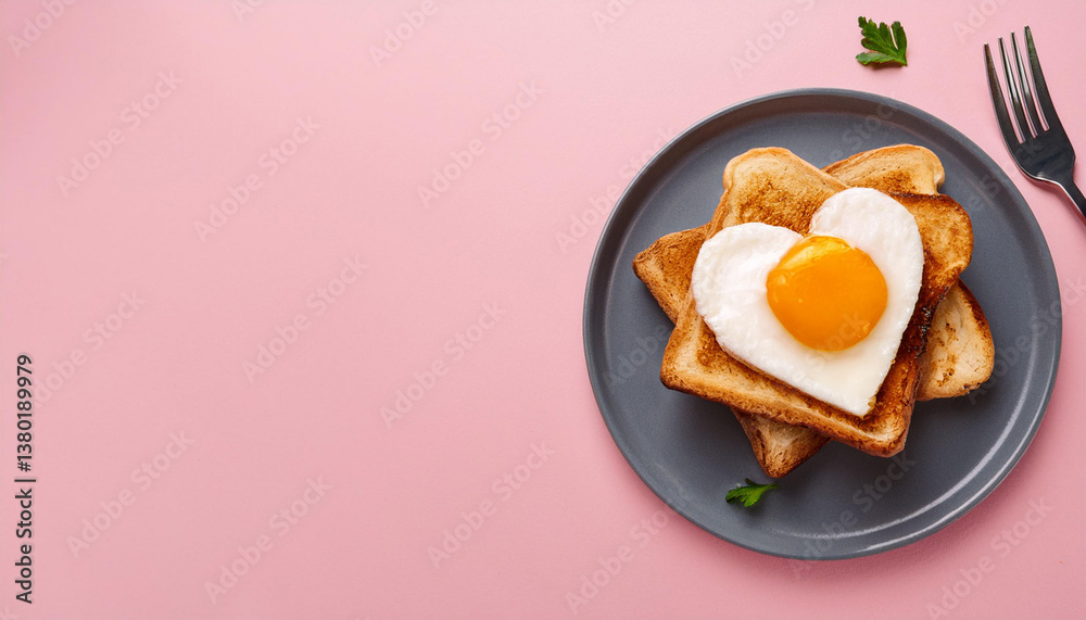 Heart shaped grilled toast with fried egg on pink. Romantic Valentine's Day breakfast. Delicious food