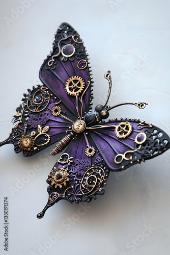 Purple Steampunk Butterfly with Intricate Metal Gears and Wings photo