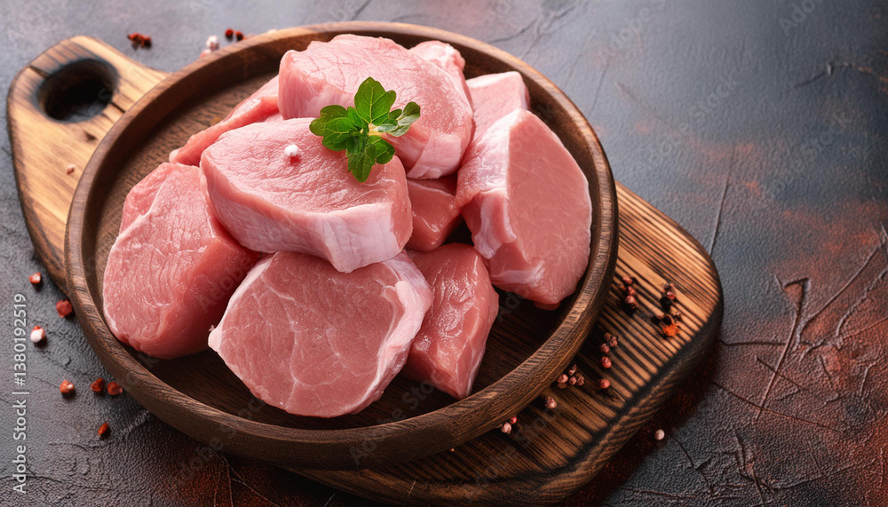 Raw fresh pork meat with peppercorns, green herbs, and spices for barbecue on dark background. Cooking ingredient, uncooked. Gourmet meal preparation. Healthy diet ingredient. Butcher cut, top view.