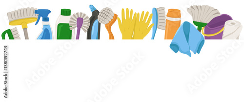 Vector horizontal illustration with items for cleaning and house cleaning. Banner with objects for sanitation and copy space.
