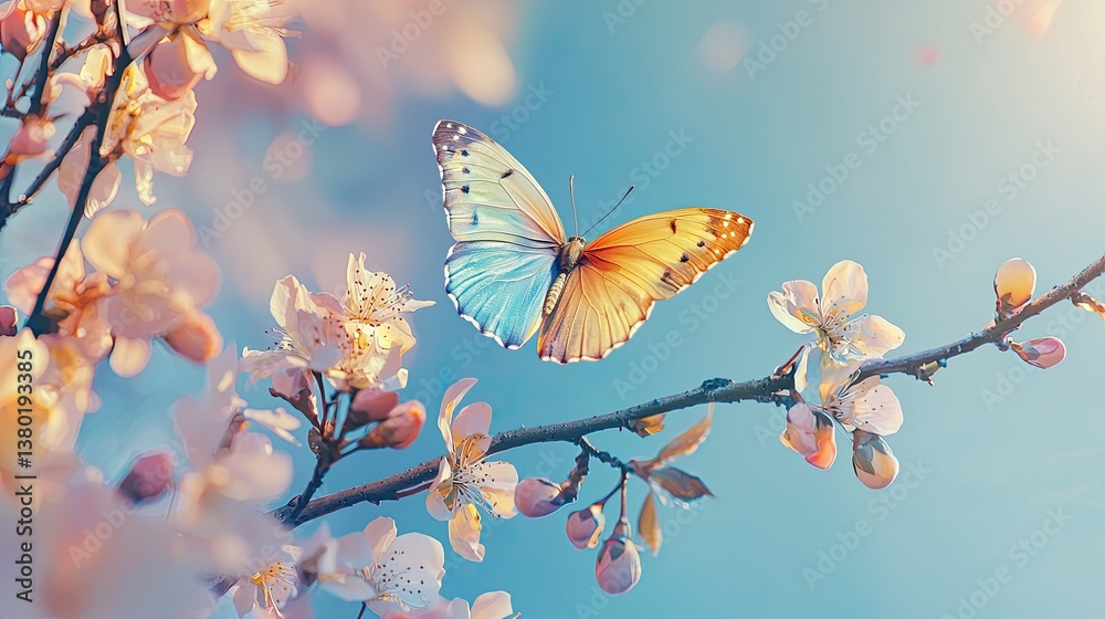 custom made wallpaper toronto digitalVibrant butterfly rests among pale blossoms against a soft blue sky