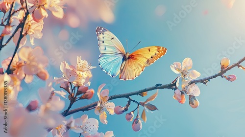 Wallpaper Mural Vibrant butterfly rests among pale blossoms against a soft blue sky Torontodigital.ca