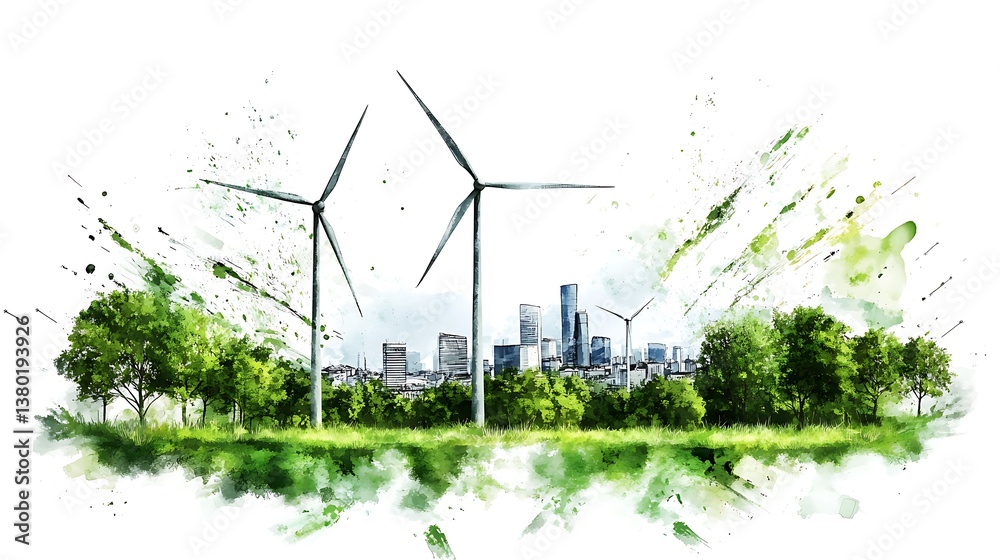 custom made wallpaper toronto digitalGreen City Skyline with Wind Turbines Watercolor Painting