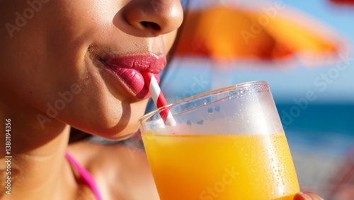 A woman sips a cold beverage through a straw, savoring the moment while lounging at a beachside location
