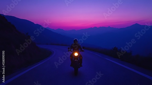 A first-person motorcycle dash through winding mountain roads at twilight, purple-blue skies glow faintly, only the bike’s headlight cuts through fading light.