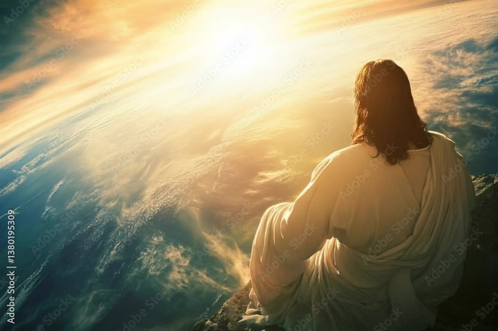 Jesus Christ looks at Earth at sunrise in space