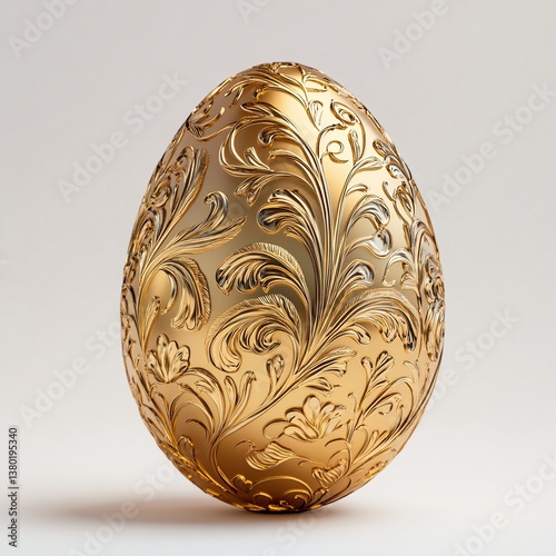 A luxuriously detailed gold egg, intricately decorated with an elegant floral pattern, sits against a soft, neutral backdrop.