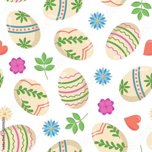 Vector seamless pattern with Easter eggs and flowers. Easter egg hunt invitation template on white background. Wallpaper and packaging design.